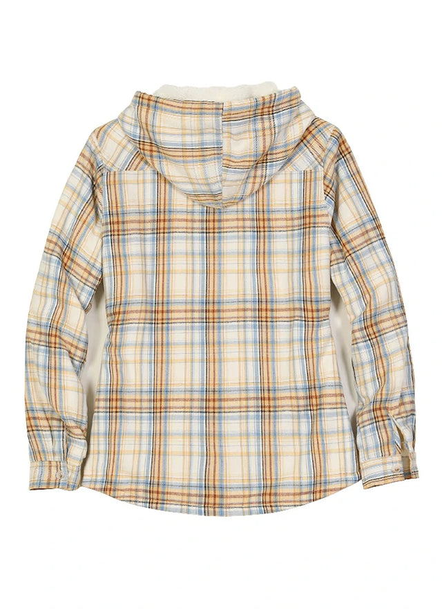 Back view of a women's winter warm khaki plaid jacket with hood