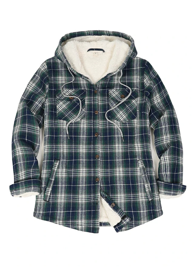 Front view of a women's dark green winter sherpa lined plaid hooded jacket
