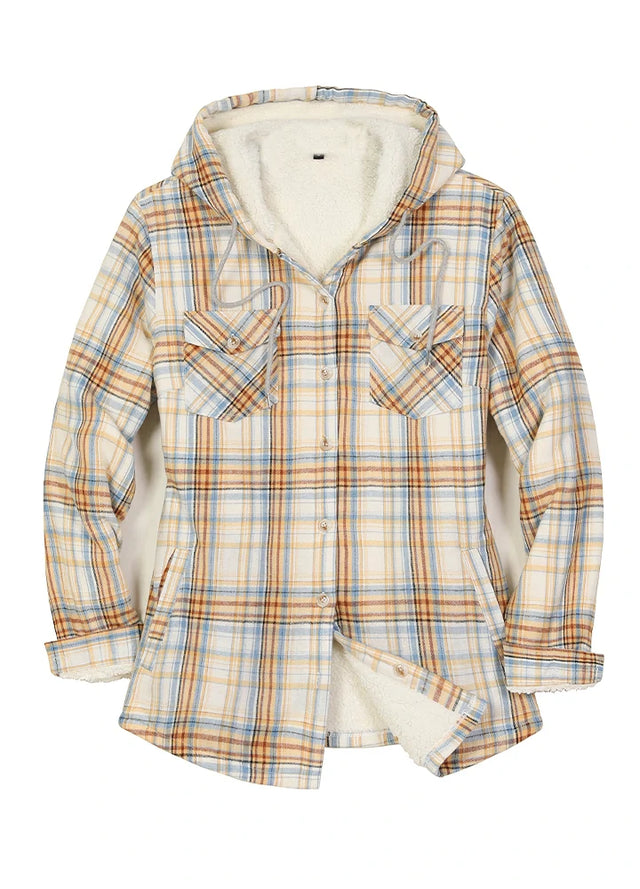 Front view of a women's khaki winter sherpa lined plaid hooded jacket