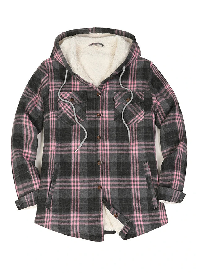 Front view of a women's gray winter sherpa lined plaid hooded jacket