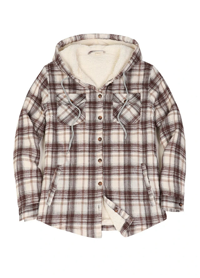 Front view of a women's chocolate winter sherpa lined plaid hooded