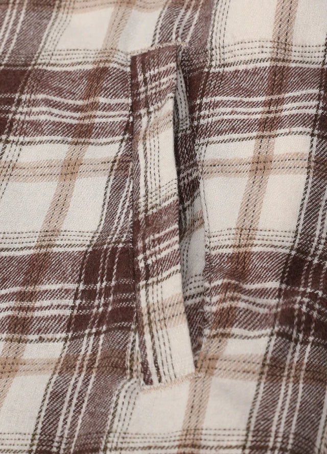 Zoomed-in view of women’s sherpa lined flannel hooded side pocket