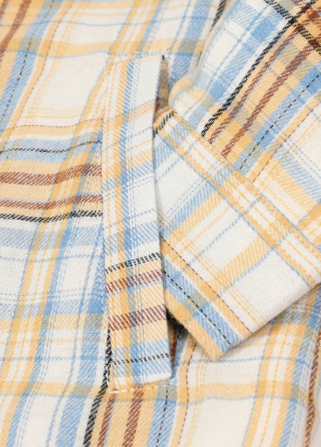 Zoomed-in view of women’s sherpa lined khaki flannel hooded side pocket