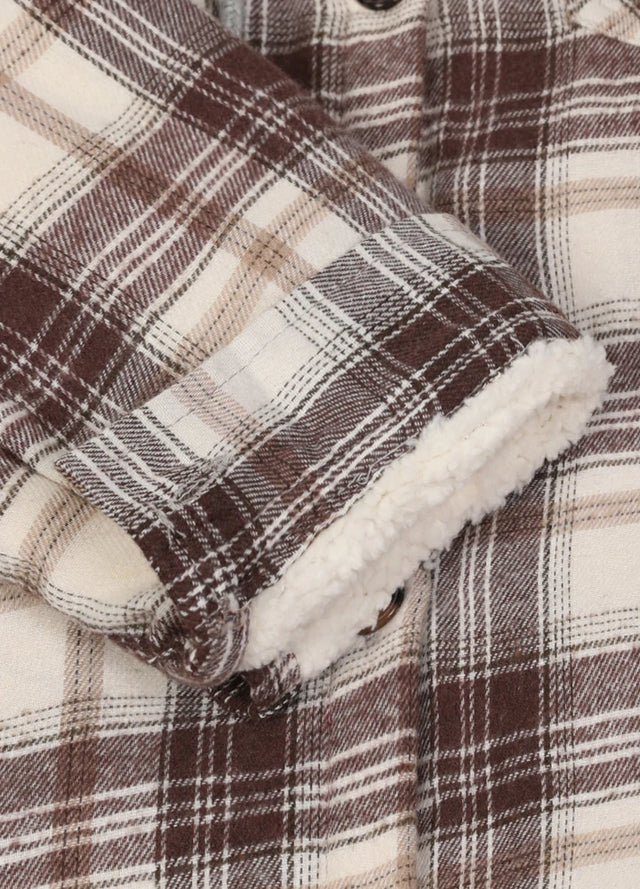 Detailed view of the cuffs on a women’s chocolate button-down flannel jacket