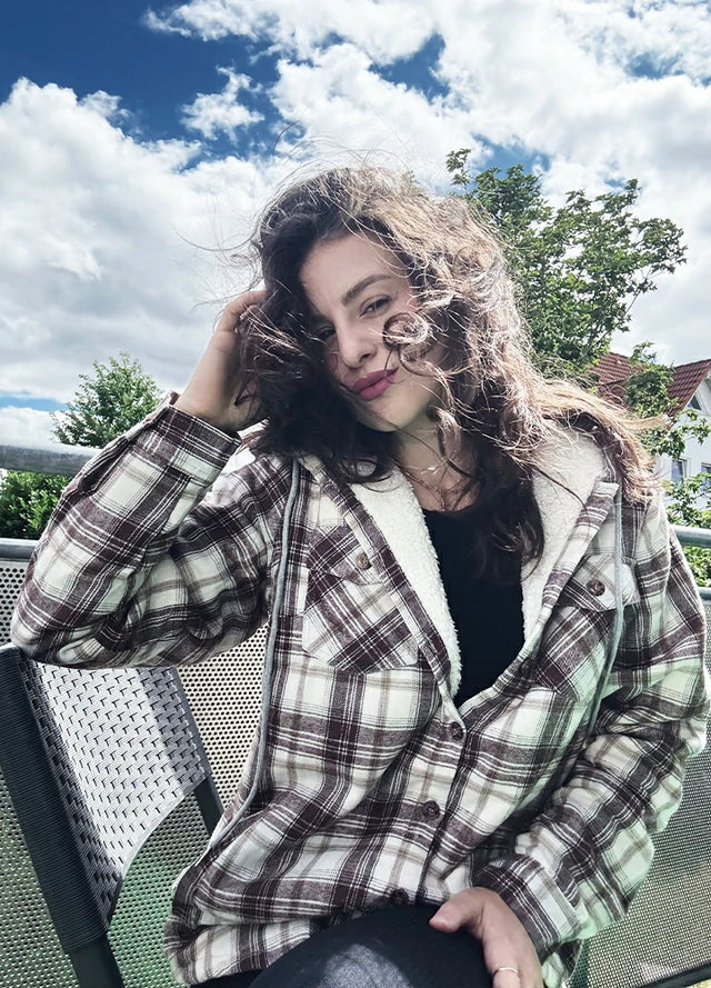 Women's Sherpa Lined Flannel Jacket with Hood, Button Up Plaid