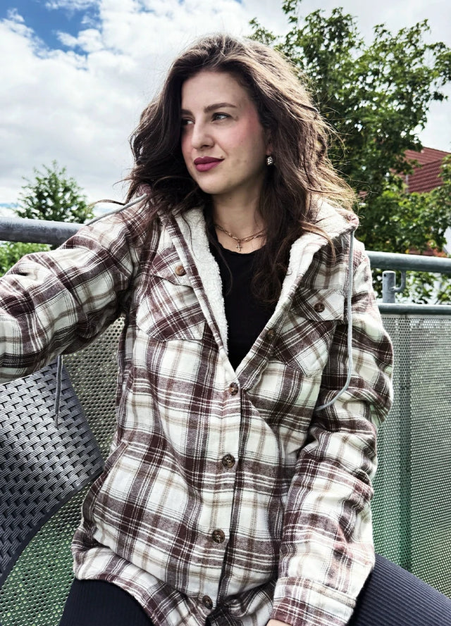Women's Sherpa Lined Flannel Jacket with Hood, Button Up Plaid