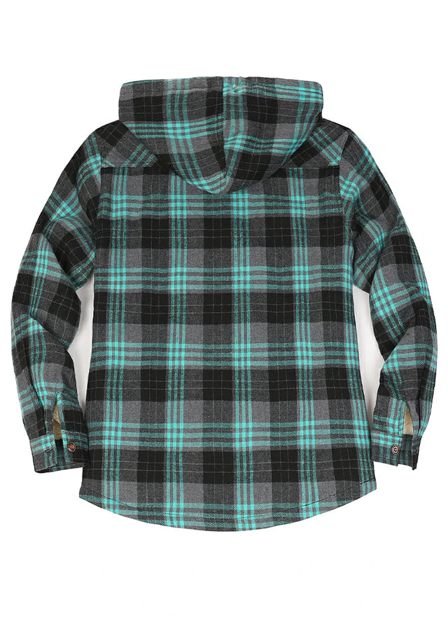 Back view of the turquoise black women's warm sherpa lined warm plaid hoodie