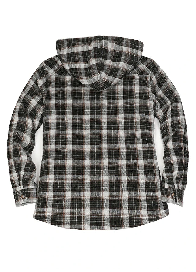 Back view of a black khaki women's cozy sherpa lined hooded plaid jacket