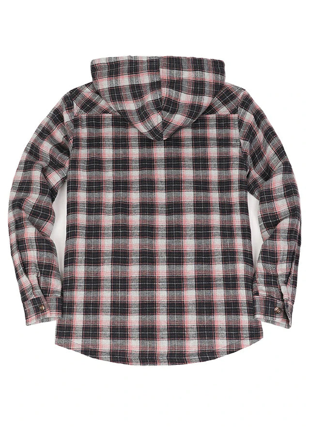 Back view of a pink black woman's stylish sherpa lined button up plaid jacket