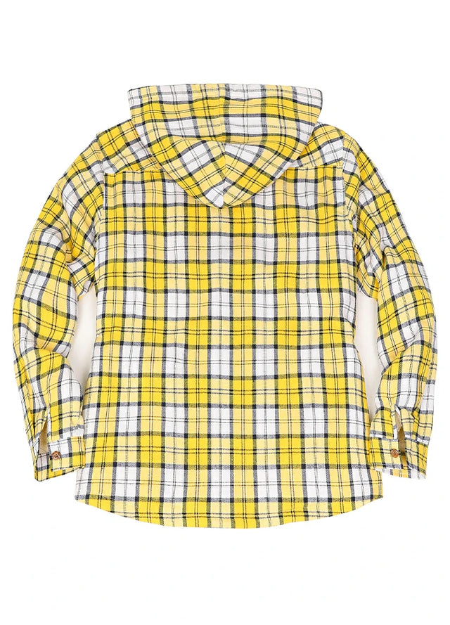 Back view of the yellow white women's stylish sherpa lined hooded plaid jacket
