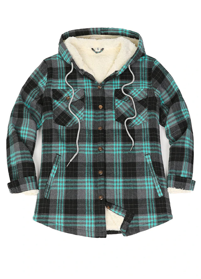 Front view of the turquoise black women's warm sherpa lined warm plaid hoodie
