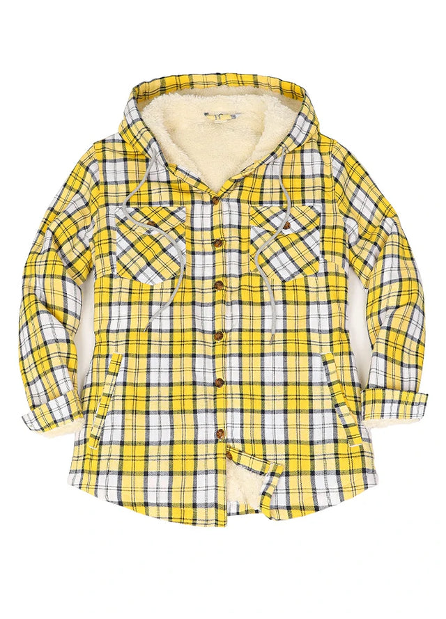 Front view of a yellow white women's stylish sherpa lined hooded plaid jacket