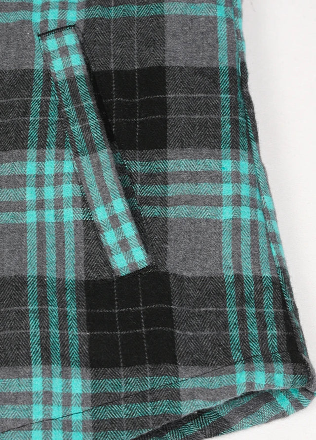 Close-up of the handpocket of the turquoise black women's warm sherpa lined warm plaid hoodie