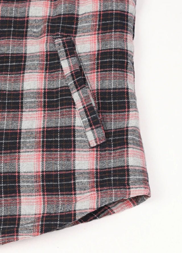 Close up of the hadn pocket of the pink black women's stylish sherpa lined button up plaid jacket