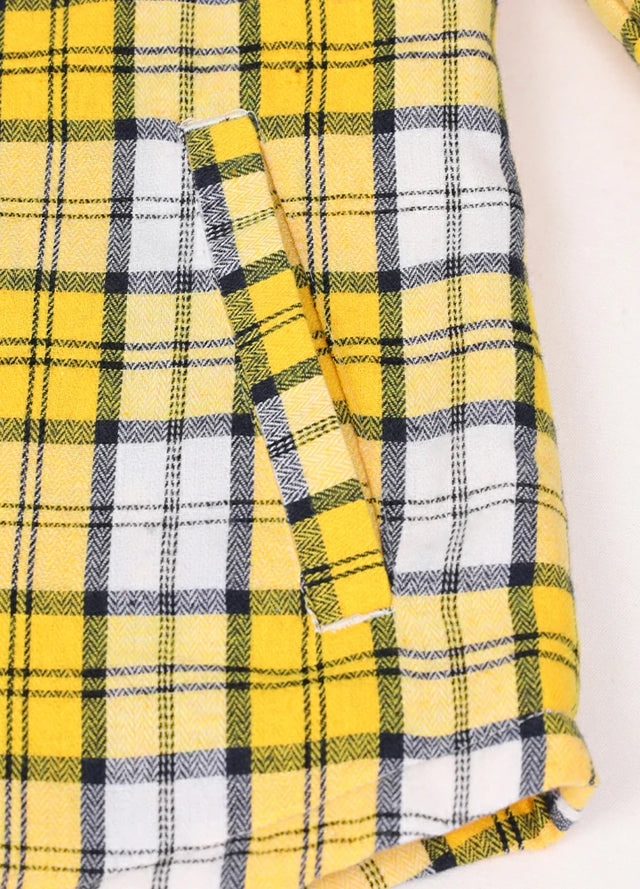 Close up of the hand pocket of the yellow white women's stylish sherpa lined hooded plaid jacket