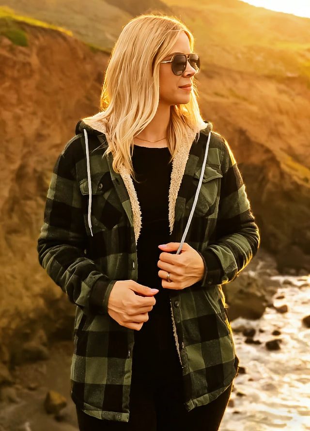 Women's Sherpa Lined Flannel Jacket with Hood, Button Up Plaid