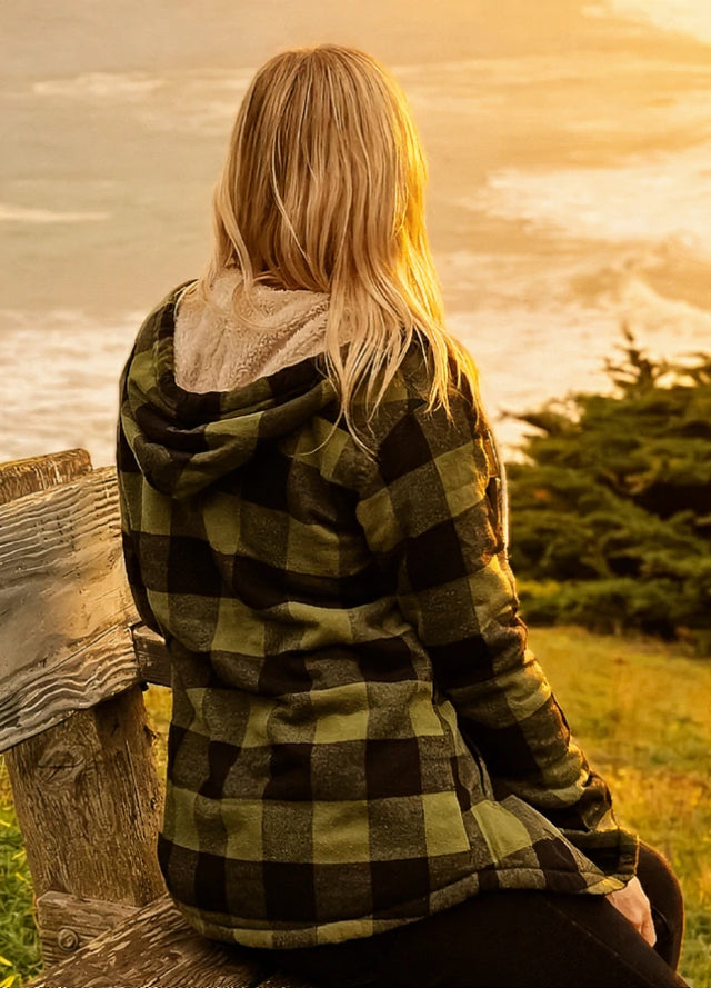 Women's Sherpa Lined Flannel Jacket with Hood, Button Up Plaid