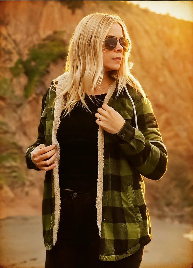 Women's Sherpa Lined Flannel Jacket with Hood, Button Up Plaid