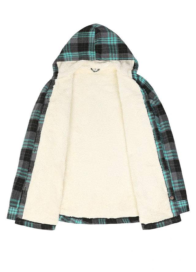 Front view of the lining of the turquoise black women's warm sherpa lined warm plaid hoodie