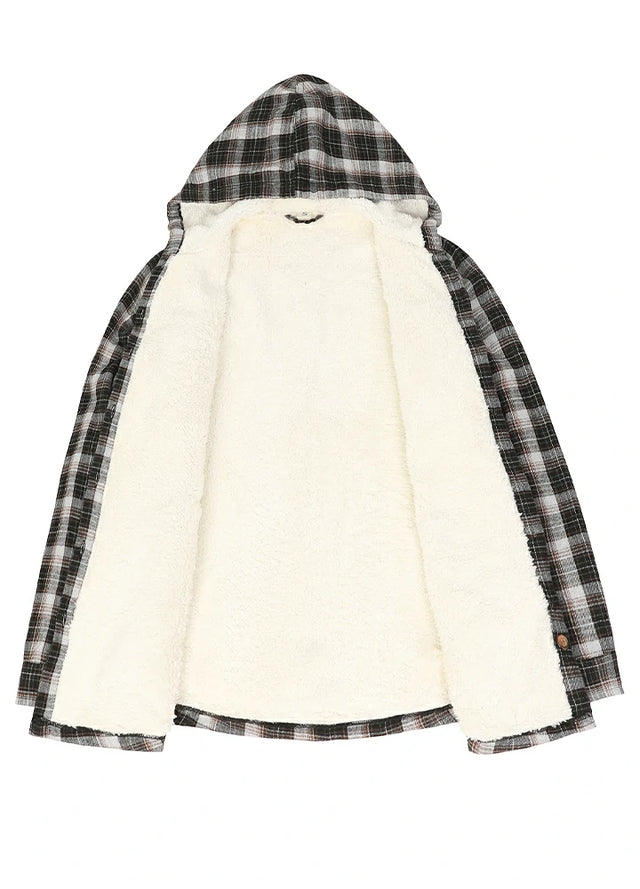 Front view of the lining of a black khaki women's cozy sherpa lined hooded plaid jacket