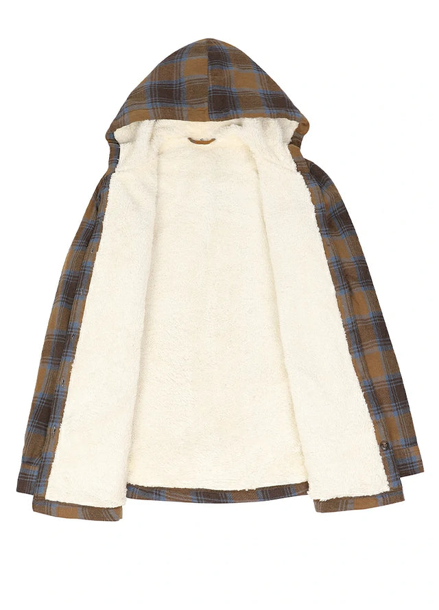 Front view of the lining of the coffee blue women's cozy warm sherpa lined hoodie