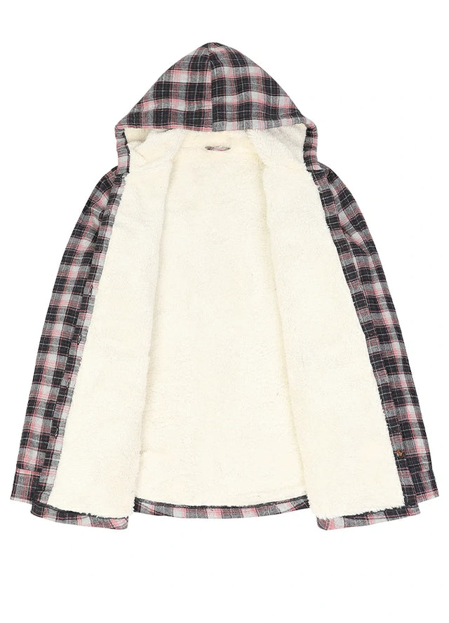 Front view of the lining of the pink black woman's stylish sherpa lined button up plaid jacket