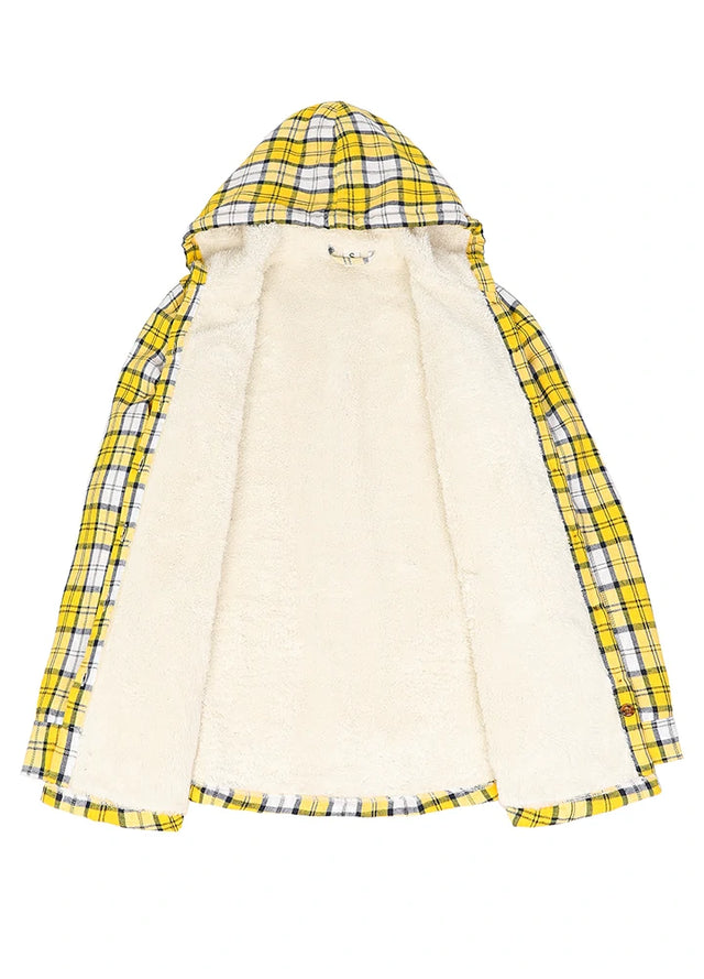 Front view of the lining of the yellow white women's stylish sherpa lined hooded plaid jacket