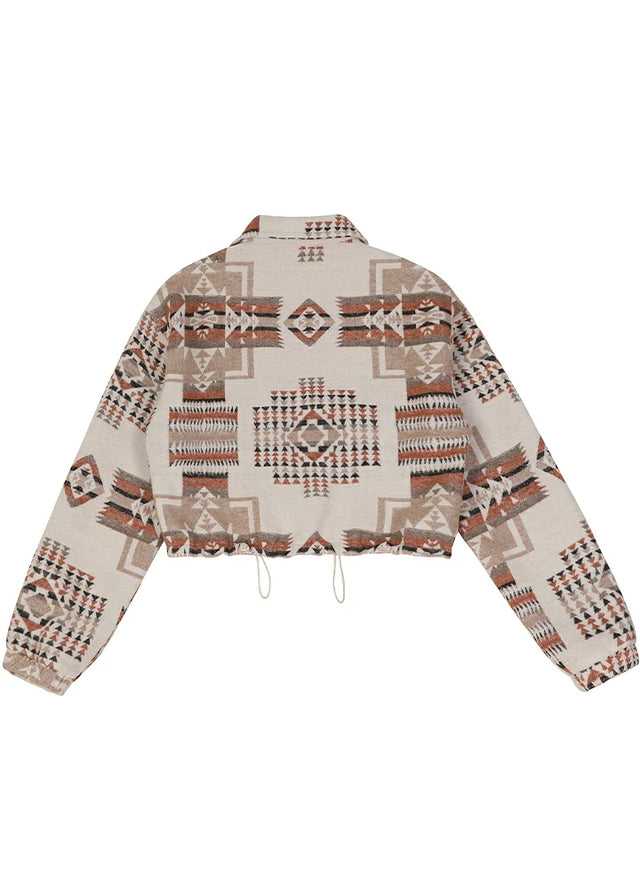 Back view of a women's khaki brown aztec cropped jacket with hem drawcord adjustment