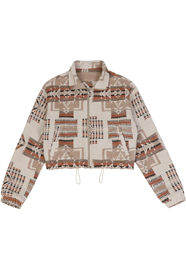 Front view of a women's aztec zip up khaki brown cropped jacket with elastic cuffs