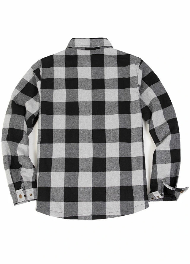 Back view of the gray black men's soft snap button flannel plaid jacket