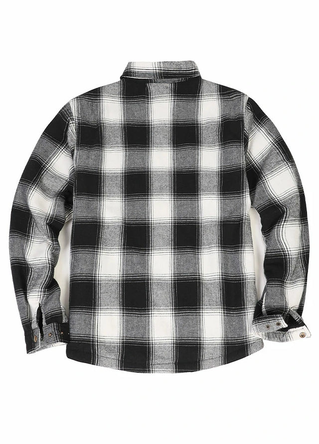 Back view of the black white men's snap button flannel shacket