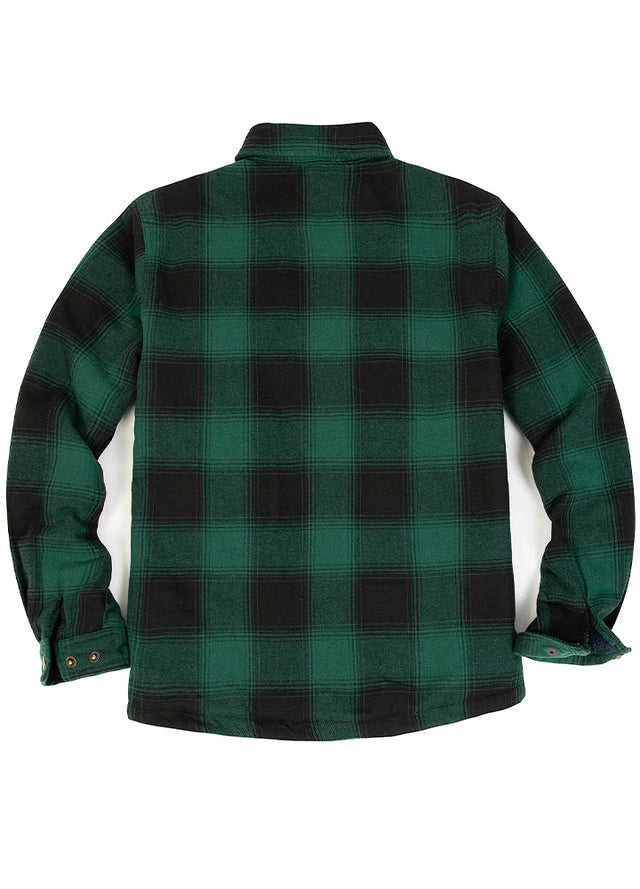 Back view of the green black men's green black soft snap button flannel jacket