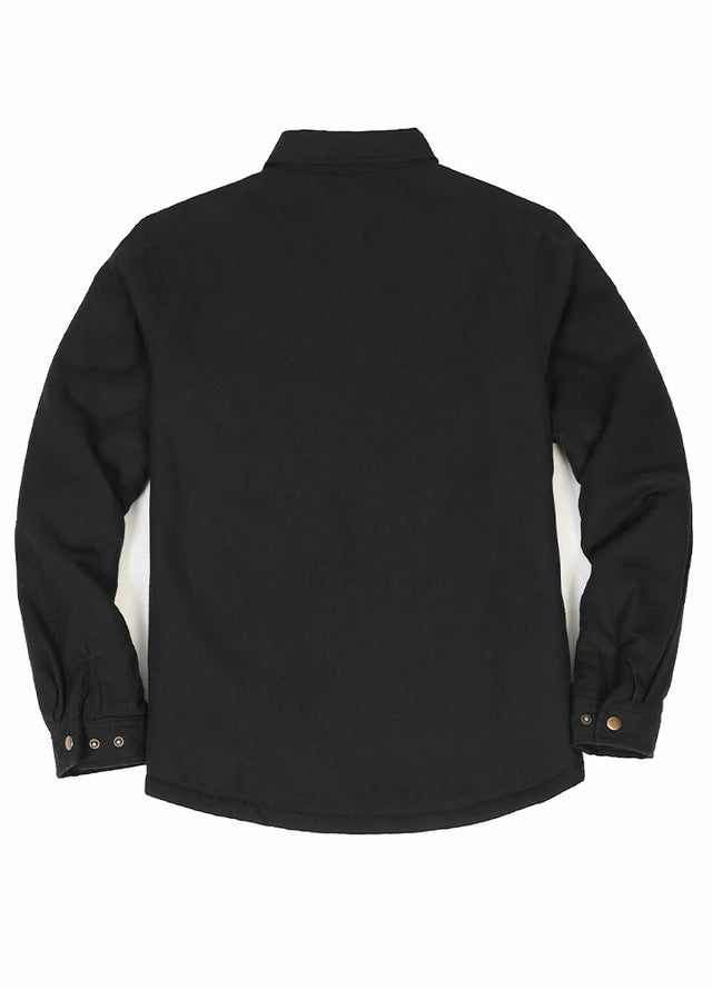 Back view of the black men's soft sherpa lined flannel jacket