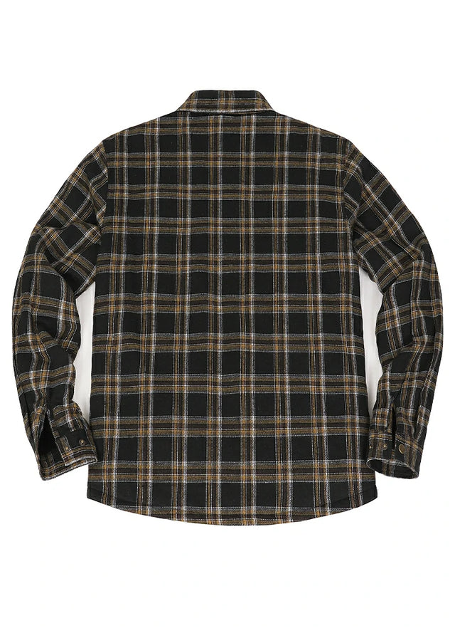 Back view of black latte fleece lined flannel jacket for men