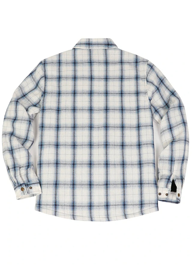 Back view of blue and white plaid fleece lined flannel shacket for men