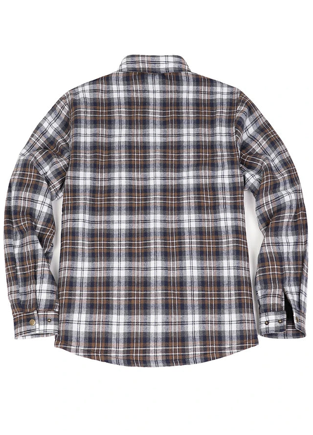 Back view of coffee white men's warm sherpa lined plaid flannel jacket