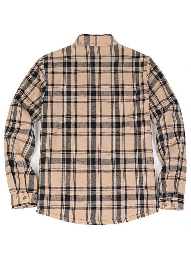 Back view of khaki black men's warm sherpa lined flannel shacket