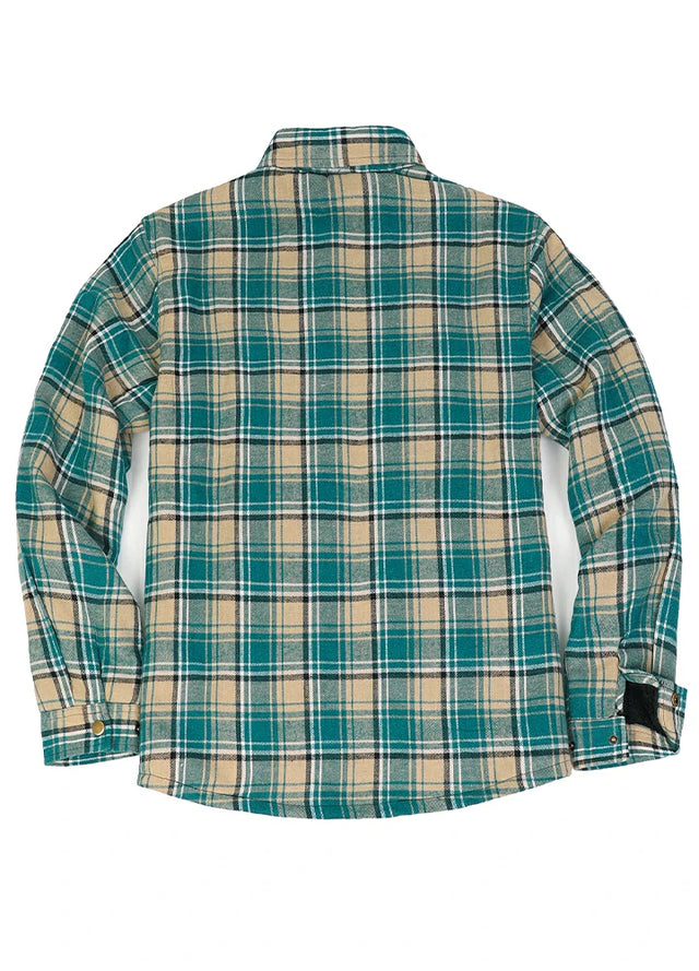 Back view of khaki green men's cozy sherpa lined plaid flannel jacket