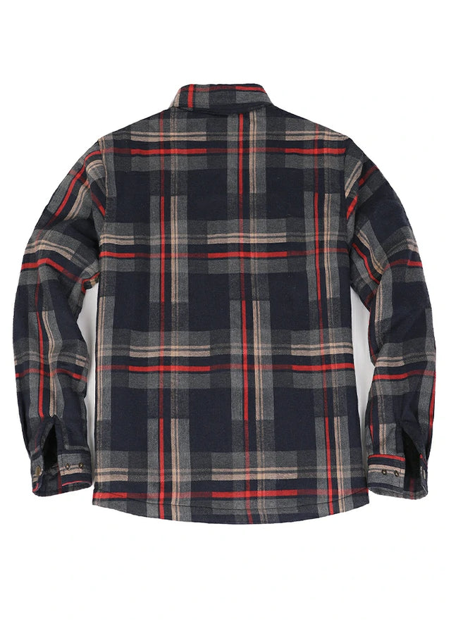 Back view of navy and khaki men's plaid flannel shirt jacket