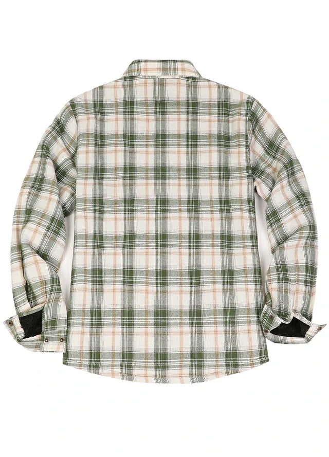 Back view of green white men's sherpa lined flannel plaid jacket
