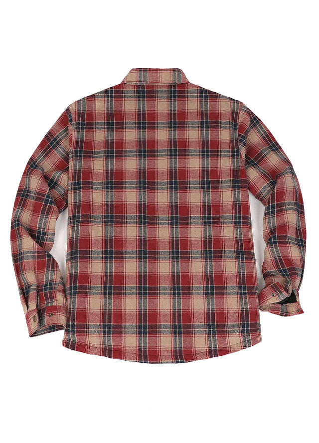 Back view of red and khaki men's plaid fleece lined flannel shirt jacket