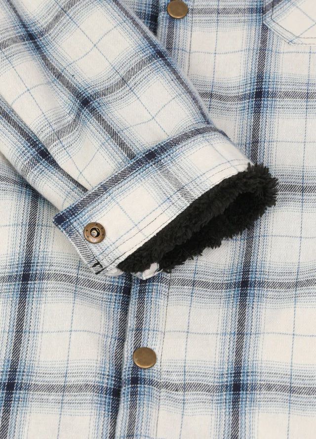 Close-up of the rolled cuff of the blue and white plaid fleece lined flannel shacket for men