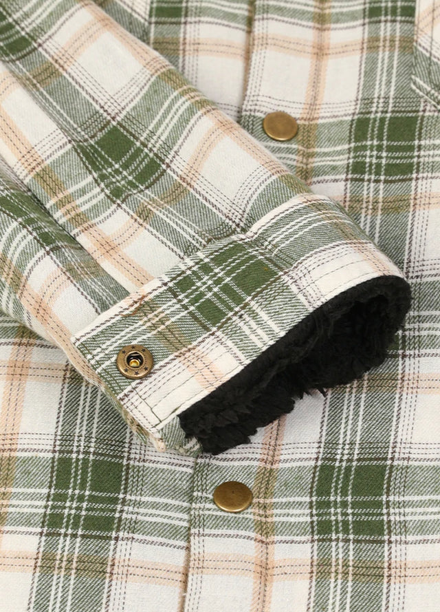 Close-up of the rolled-up cuff of green white men's sherpa lined flannel plaid jacket