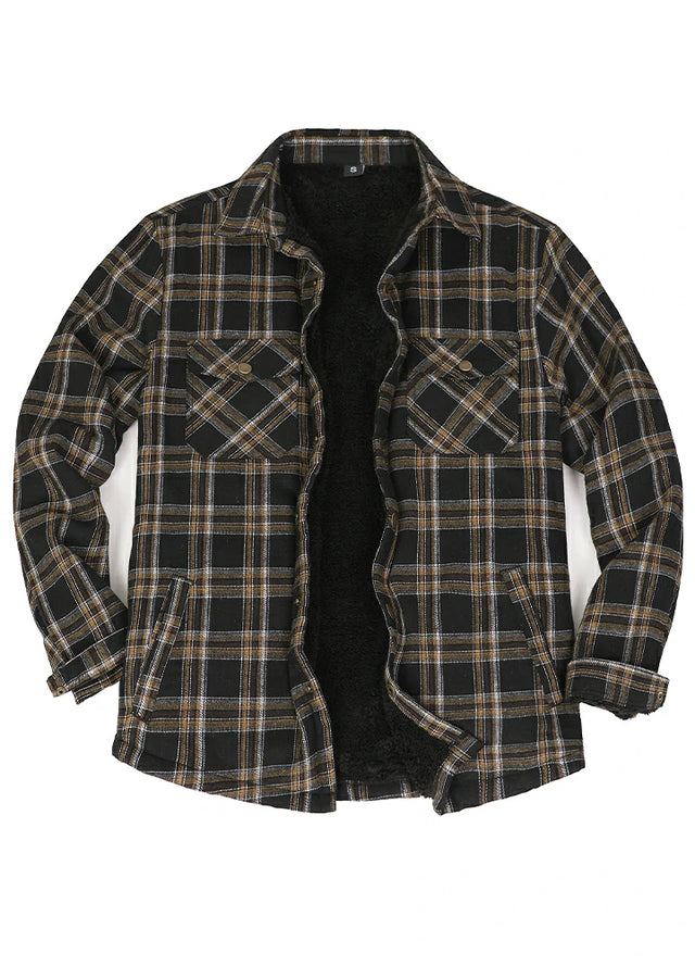Front view of black latte fleece lined flannel jacket for men