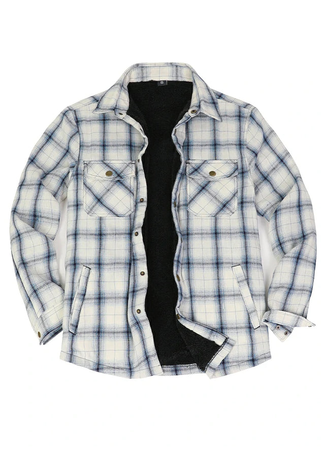 Front view of blue and white plaid fleece lined flannel shacket for men