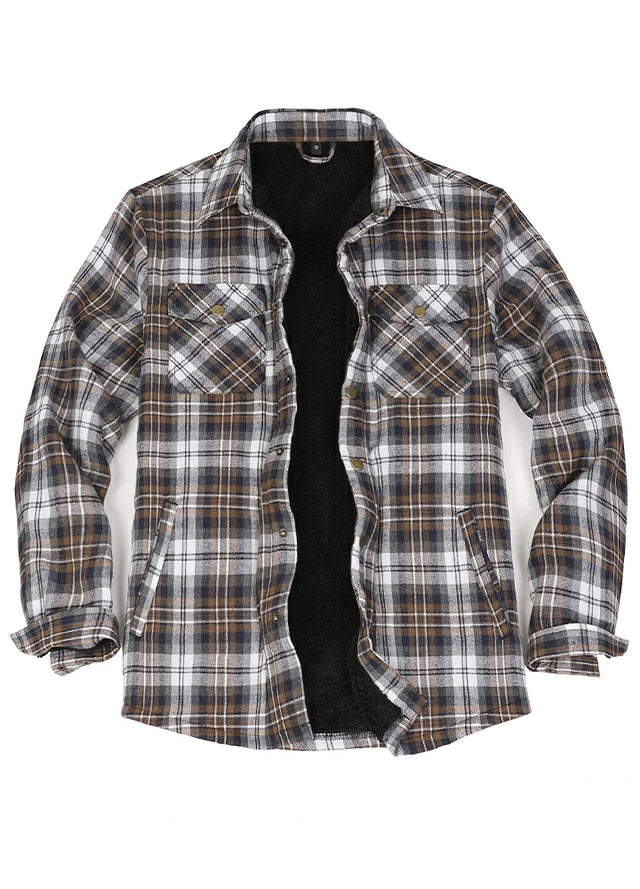 Front view of coffee white men's warm sherpa lined plaid flannel jacket