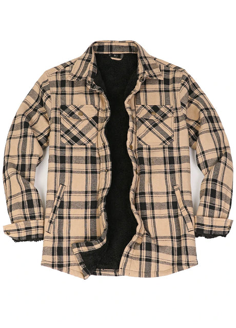 Front view of khaki black men's warm sherpa lined flannel shacket