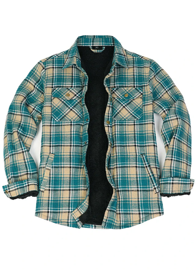 Front view of khaki green men's cozy sherpa lined plaid flannel jacket