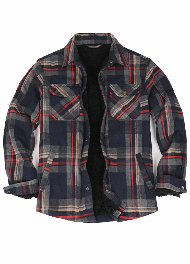 Front view of navy and khaki men's plaid flannel shirt jacket