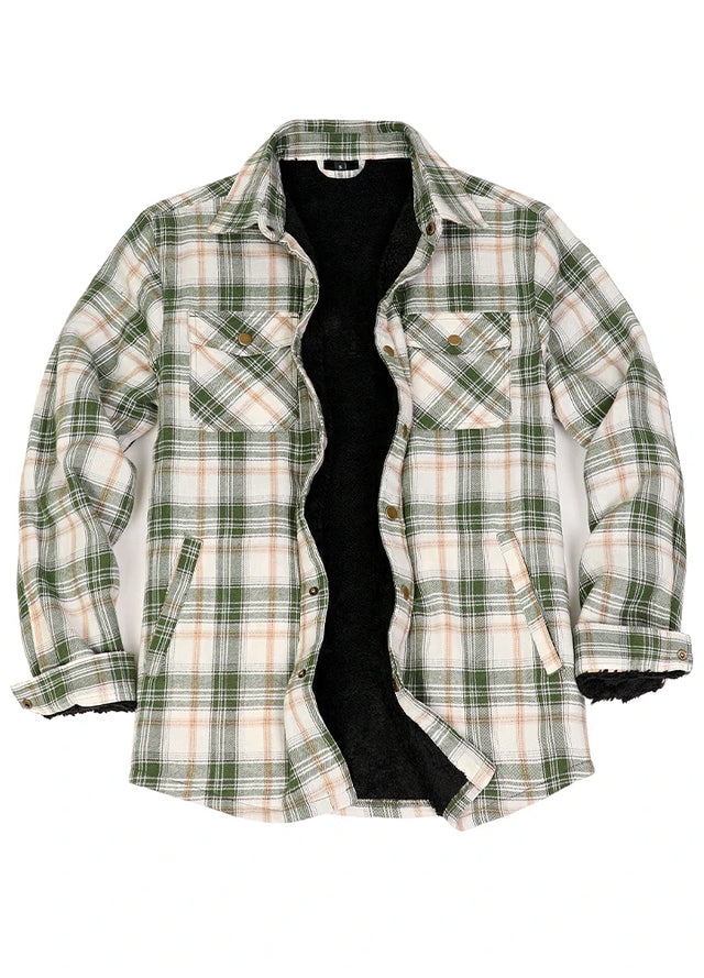 Front view of green white men's sherpa lined flannel plaid jacket